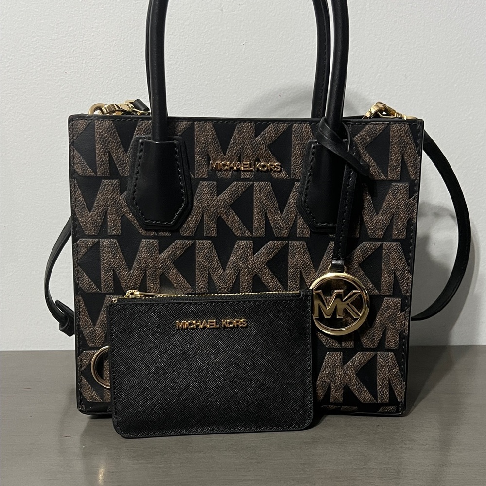 Michael Kors Black and Brown Monogram Shoulder Bag